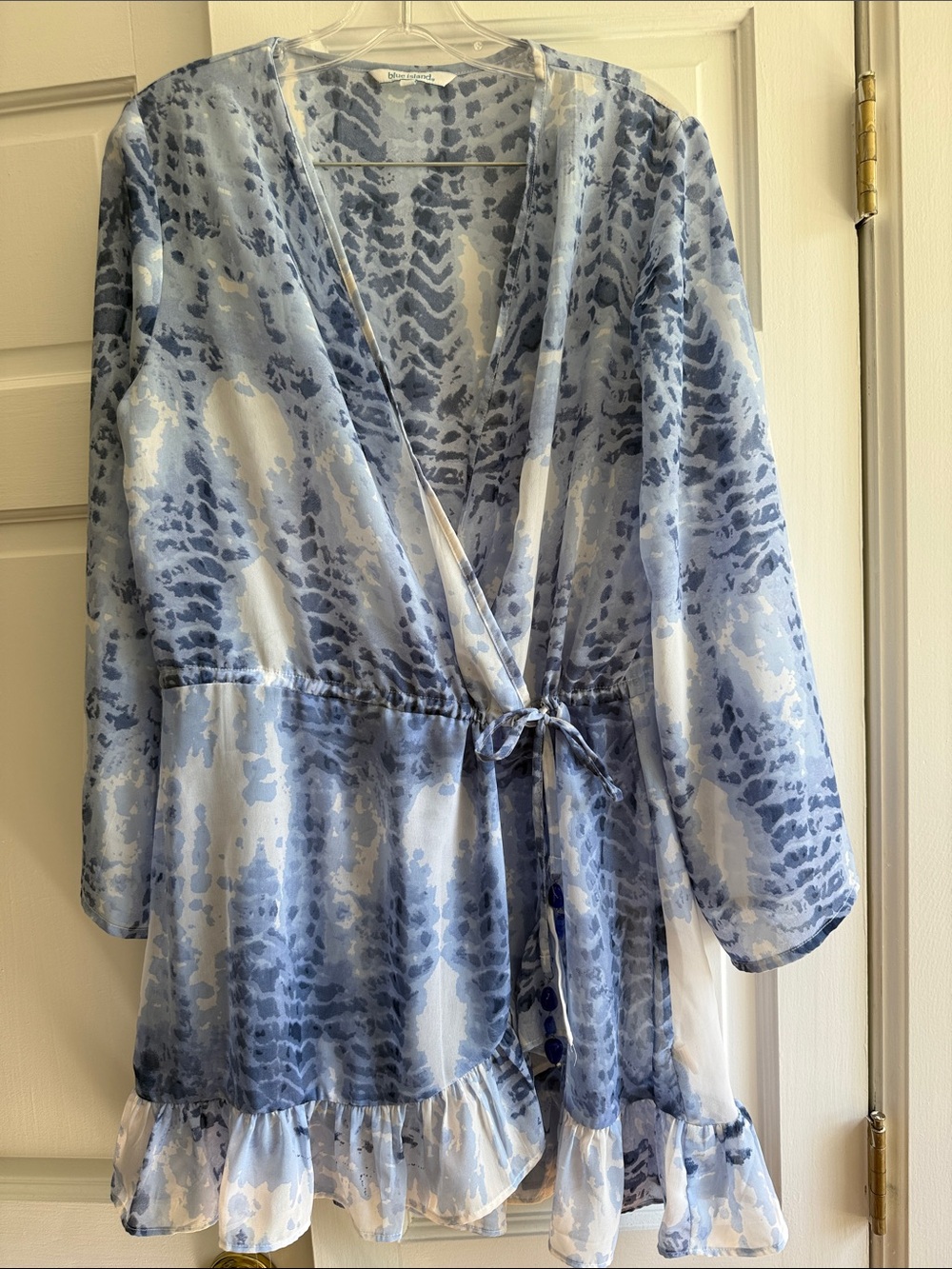 Blue Island Beach Wrap White Blue Dress Tassle Long Sleeve M